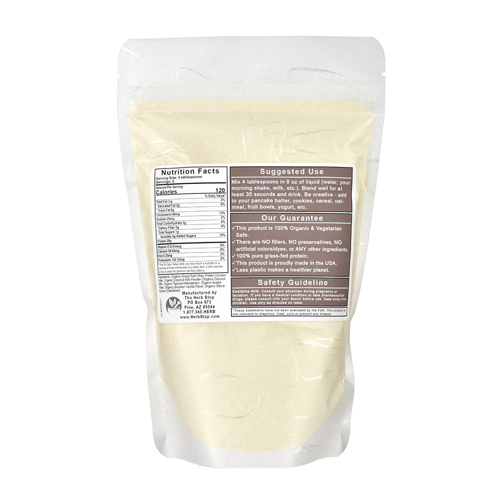 Package of Vanilla Whey Protein Powder with nutrition facts label on a white background