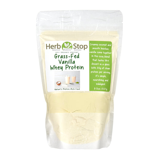 Herb Stop Grass-Fed Vanilla Whey Protein package on a white background