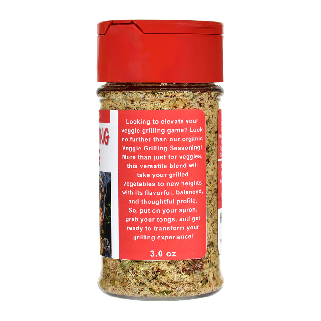 Veggie Grilling Seasoning spice jar with red lid and label on a white background
