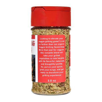 Veggie Grilling Seasoning spice jar with red lid and label on a white background