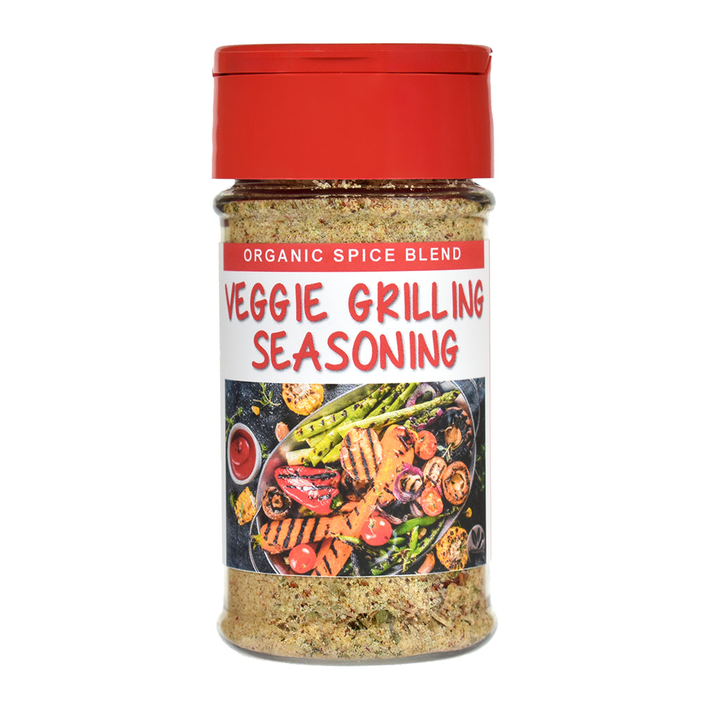 Veggie Grilling Seasoning spice jar with a red lid on a white background