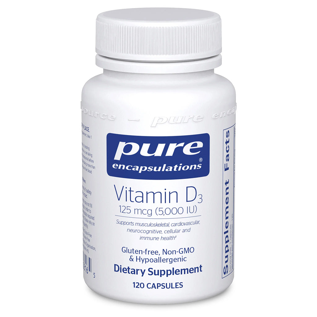 Supplement bottle labeled 'pure encapsulations Vitamin D3' on a white background