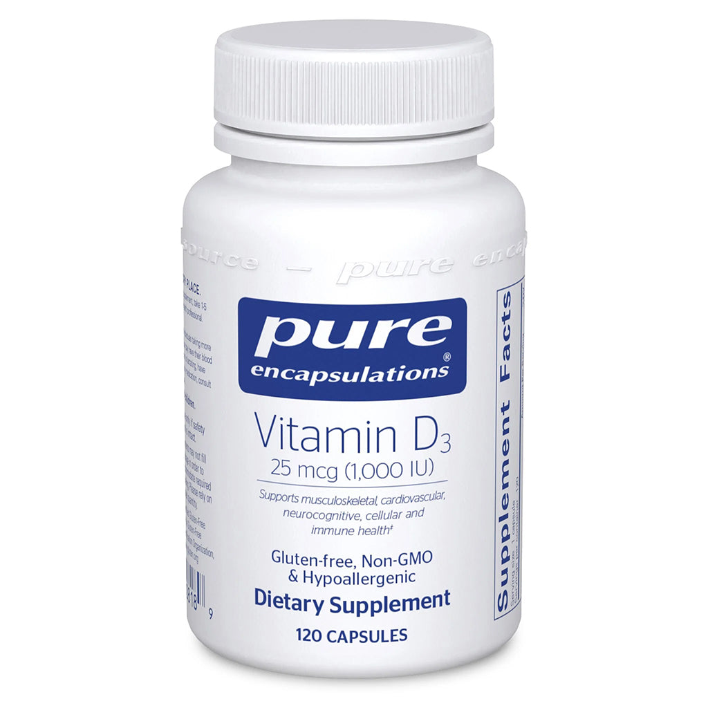 White bottle of pure encapsulations Vitamin D3 supplement on a white background