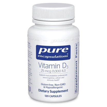 White bottle of pure encapsulations Vitamin D3 supplement on a white background