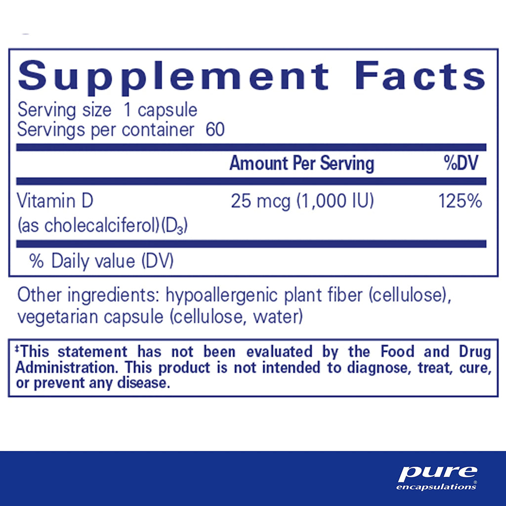 Supplement facts label for Pure Encapsulations Vitamin D3 supplement with serving size, servings per container, and ingredient information.