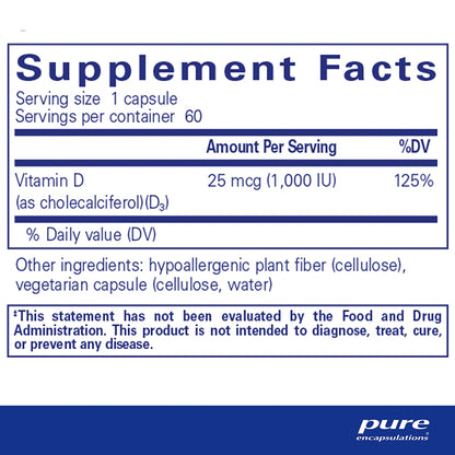 Supplement facts label for Pure Encapsulations Vitamin D3 supplement with serving size, servings per container, and ingredient information.