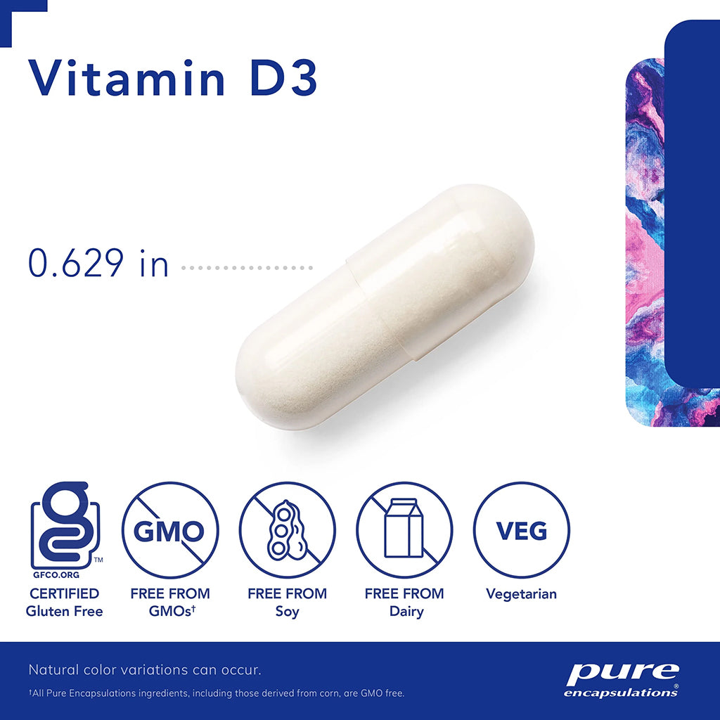 Vitamin D3 capsule with size measurement and certification logos on a white background