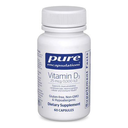 Bottle of Pure Encapsulations Vitamin D3 supplement on a white background