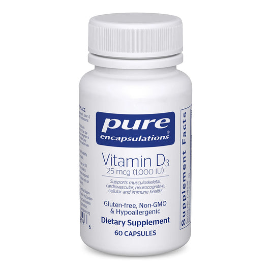 Bottle of Pure Encapsulations Vitamin D3 supplement on a white background