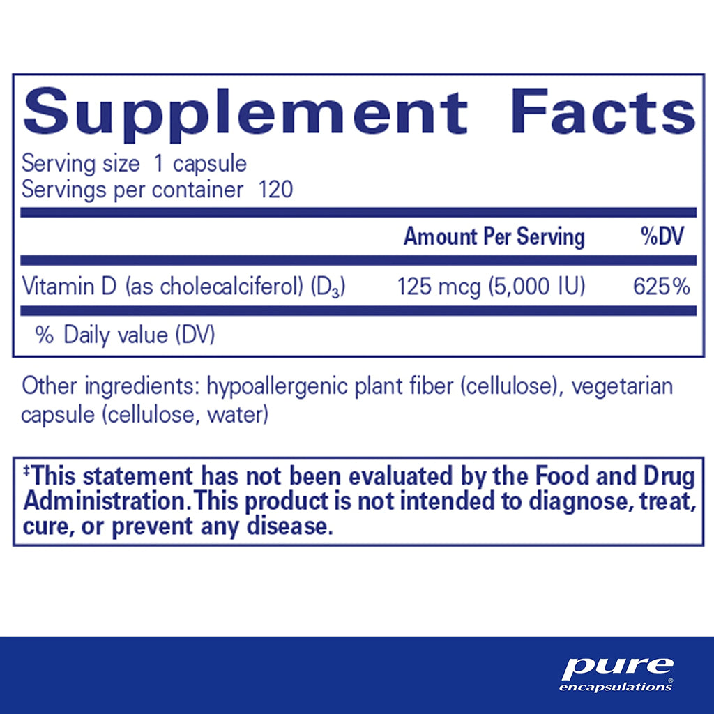 Supplement facts label for Vitamin D3 with serving size, servings per container, and ingredient list.