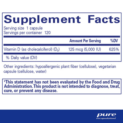 Supplement facts label for Vitamin D3 with serving size, servings per container, and ingredient list.