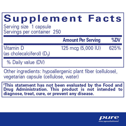 Supplement facts label for Pure Encapsulations Vitamin D supplement with serving size, servings per container, and ingredient list.