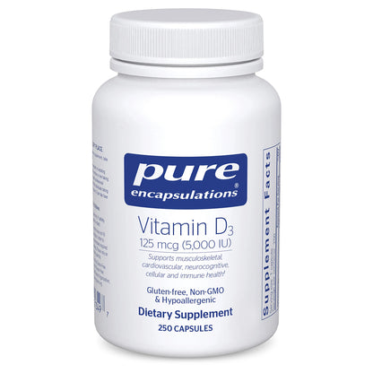 White supplement bottle labeled 'pure encapsulations Vitamin D3' on a white background
