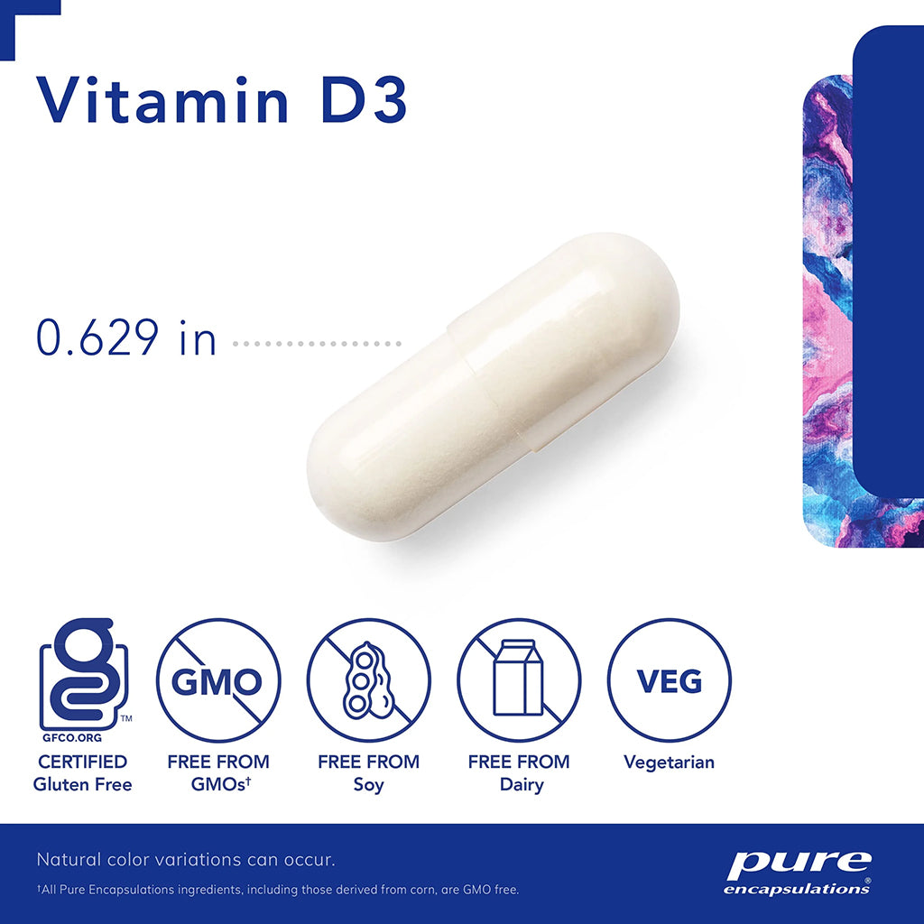 Vitamin D3 capsule with size measurement and certification logos on a white background