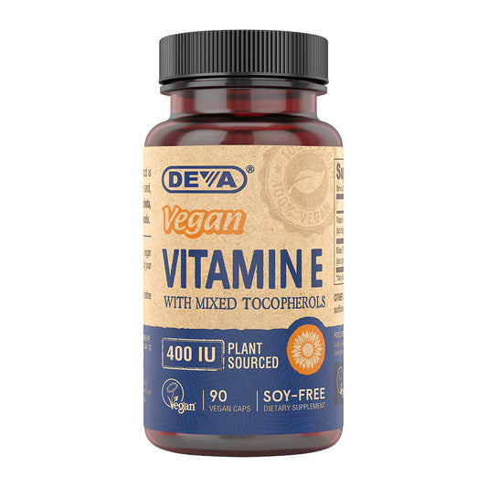 Vitamin E supplement bottle with Deva label on a white background