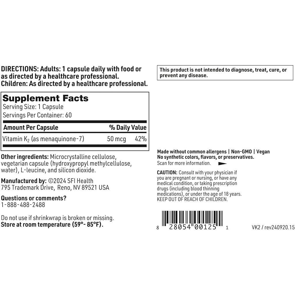 Vitamin K2 supplement label with directions, ingredients, and manufacturing information on a white background