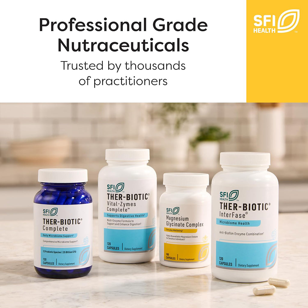 Four SFI Health supplement bottles on a surface with a blurred background