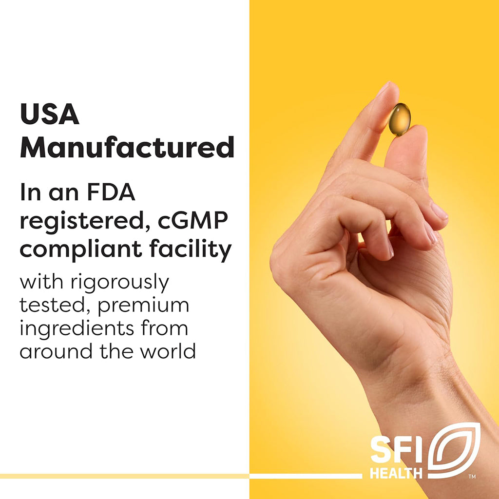 Hand holding a pill with text about FDA compliance and SFI Health branding on a yellow background