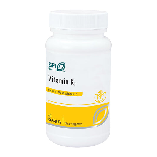 Supplement bottle labeled 'Vitamin K2' by SFI Health on a white background
