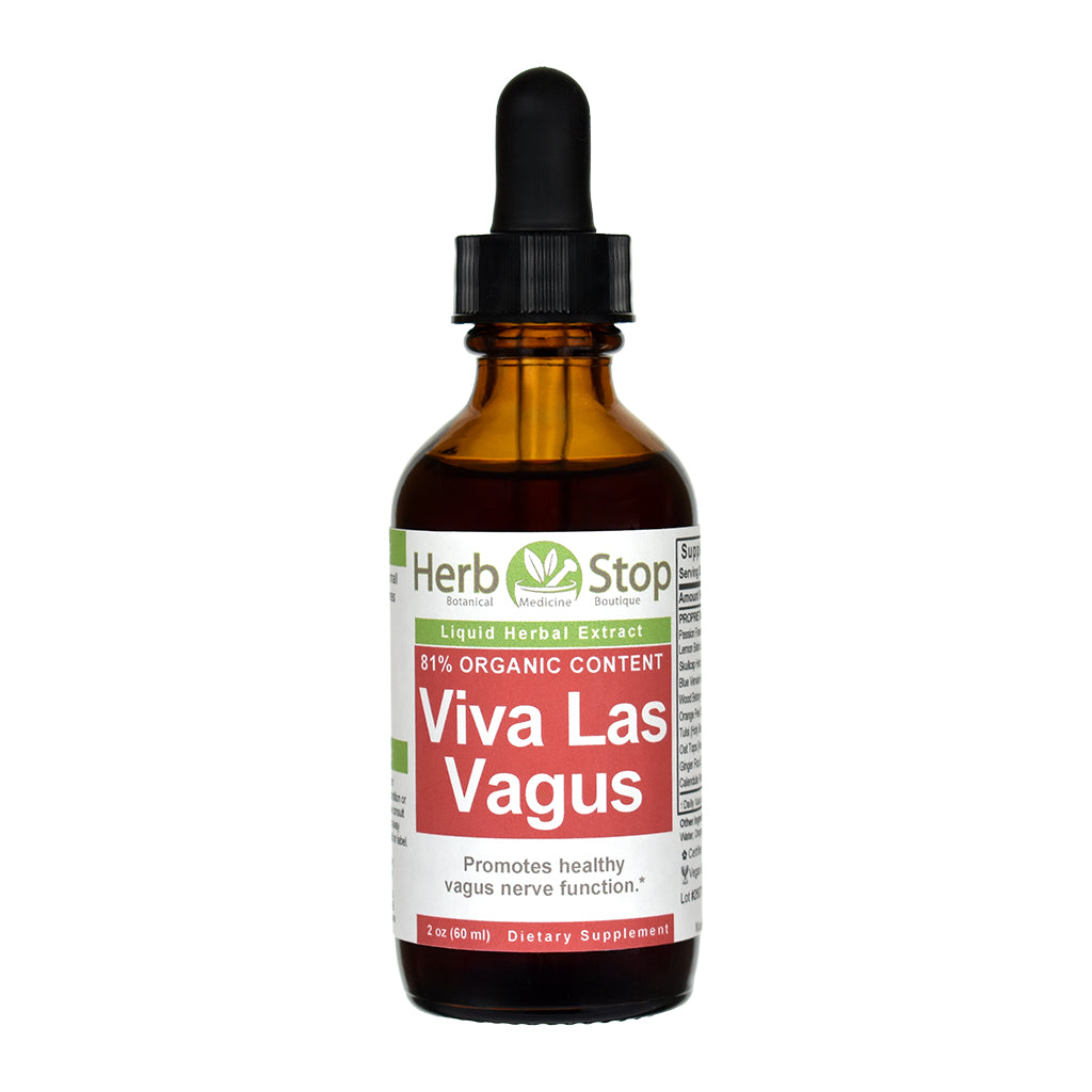 Herb Stop Viva Las Vagus liquid herbal extract bottle on a plain white background.