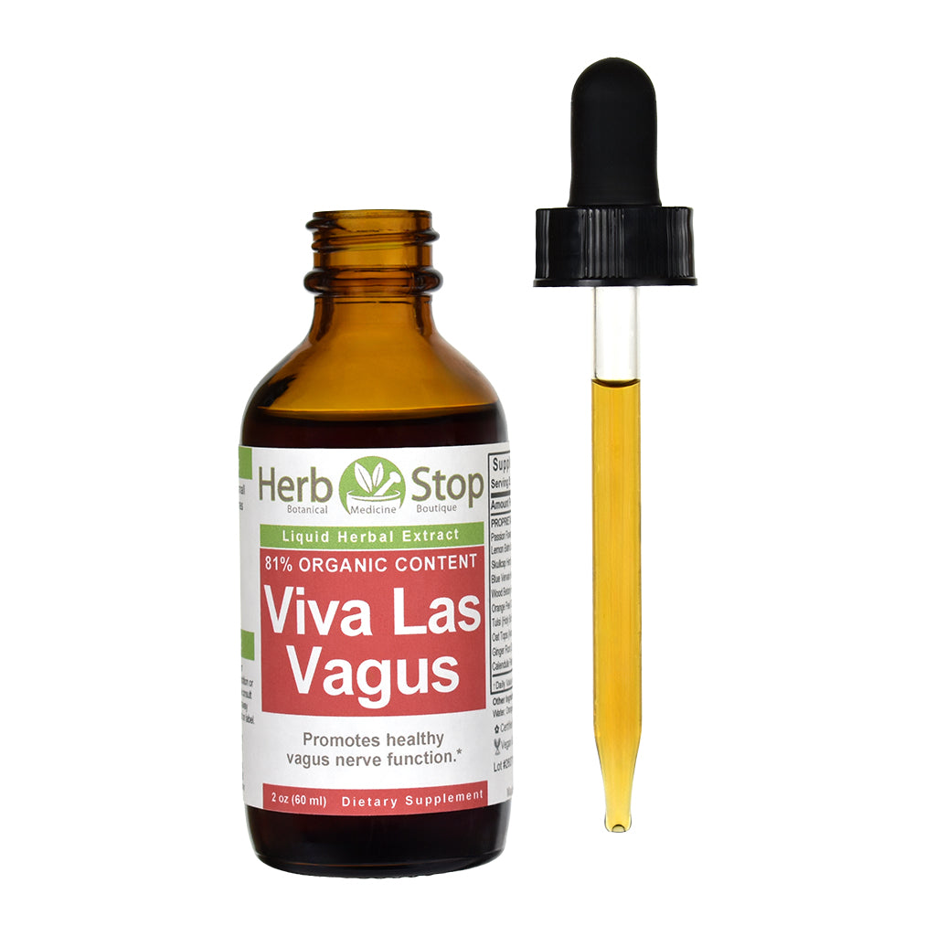 A bottle of Herb Stop 'Viva Las Vagus' liquid herbal extract next to a glass dropper filled with golden-yellow liquid, on a plain white background.