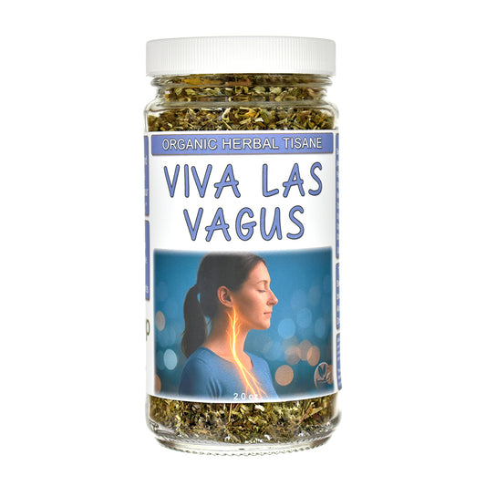 Jar of organic Viva Las Vagus herbal tisane on a white background