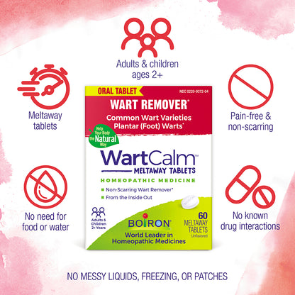 Boiron WartCalm Meltaway Tablets box centered on a white background with pink watercolor accents and red icon callouts describing product benefits for wart removal.