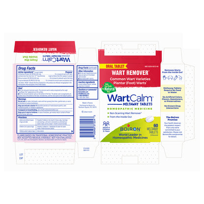 A flat, unfolded cardboard box package for WartCalm Meltaway Oral Tablet common wart and plantar foot warts homeopathic medicine, shown from multiple sides on a plain white background.