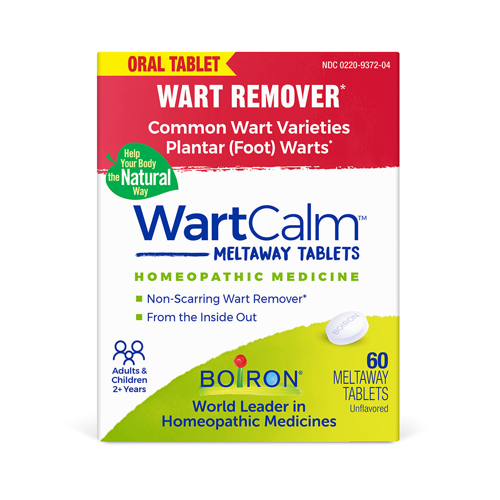 Boiron WartCalm Meltaway Tablets homeopathic medicine box for wart remover, containing 60 unflavored tablets.