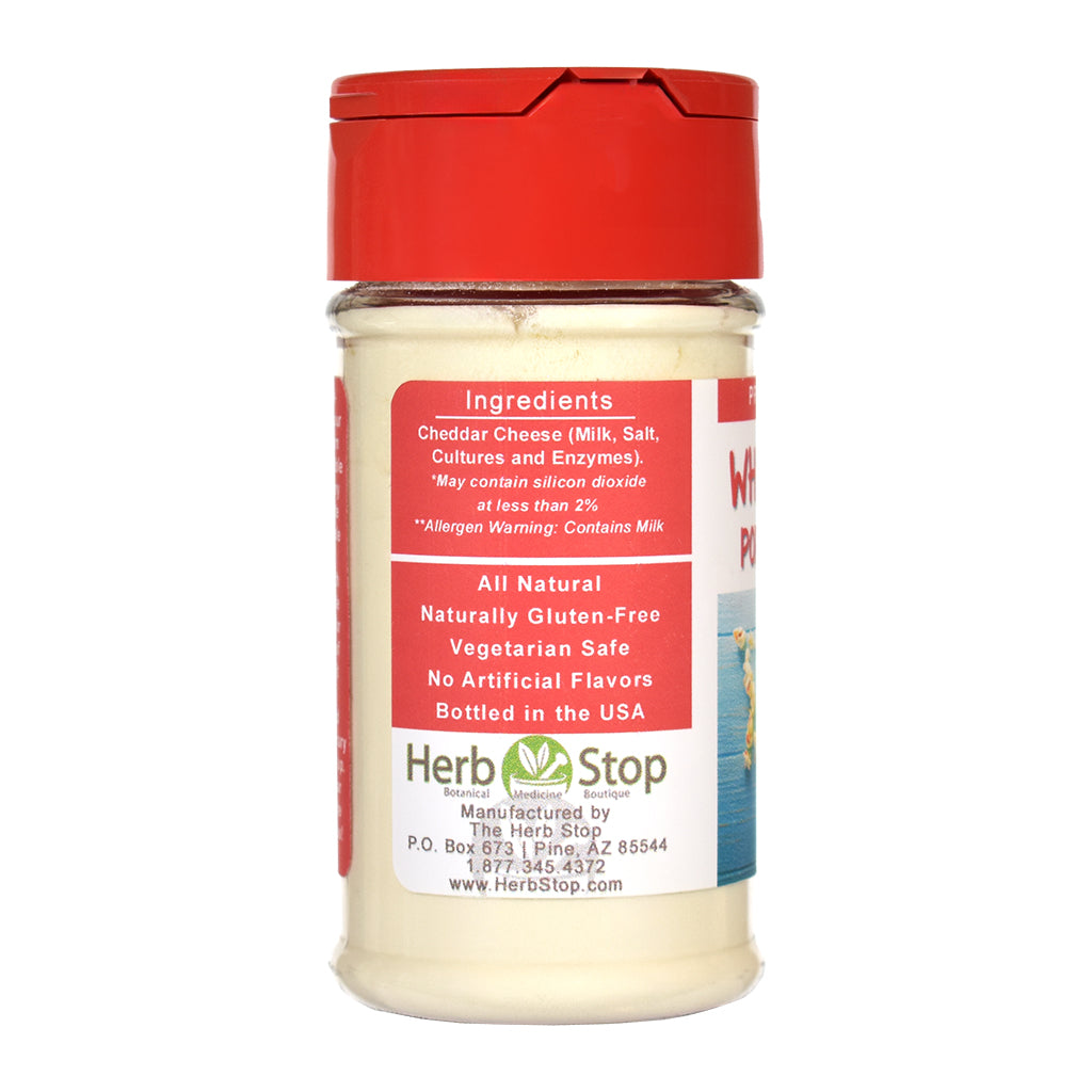 Herb Stop's White Cheddar Popcorn Seasoning jar with red lid and label on a white background