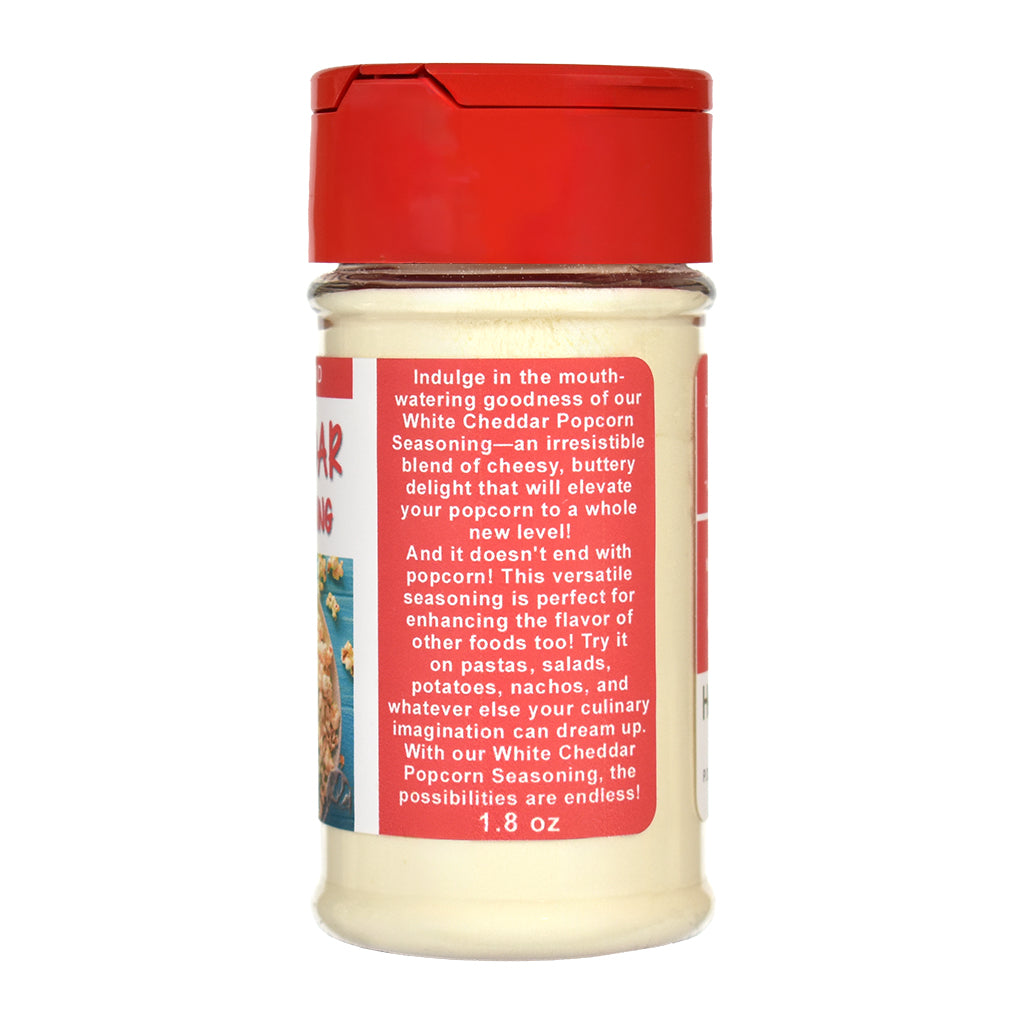 White cheddar popcorn seasoning container with red lid and label on a white background