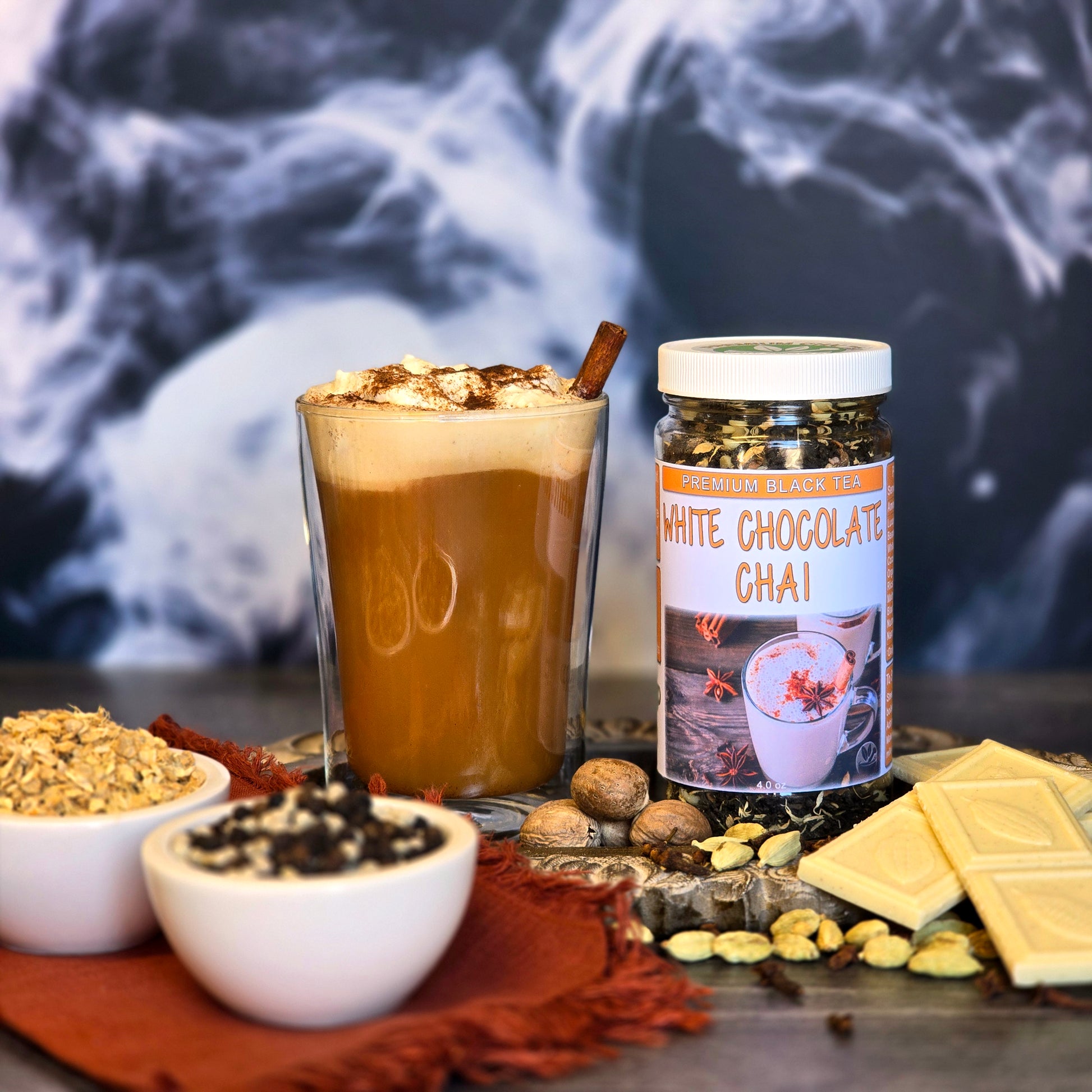 White Chocolate Chai with tea mug and herbs