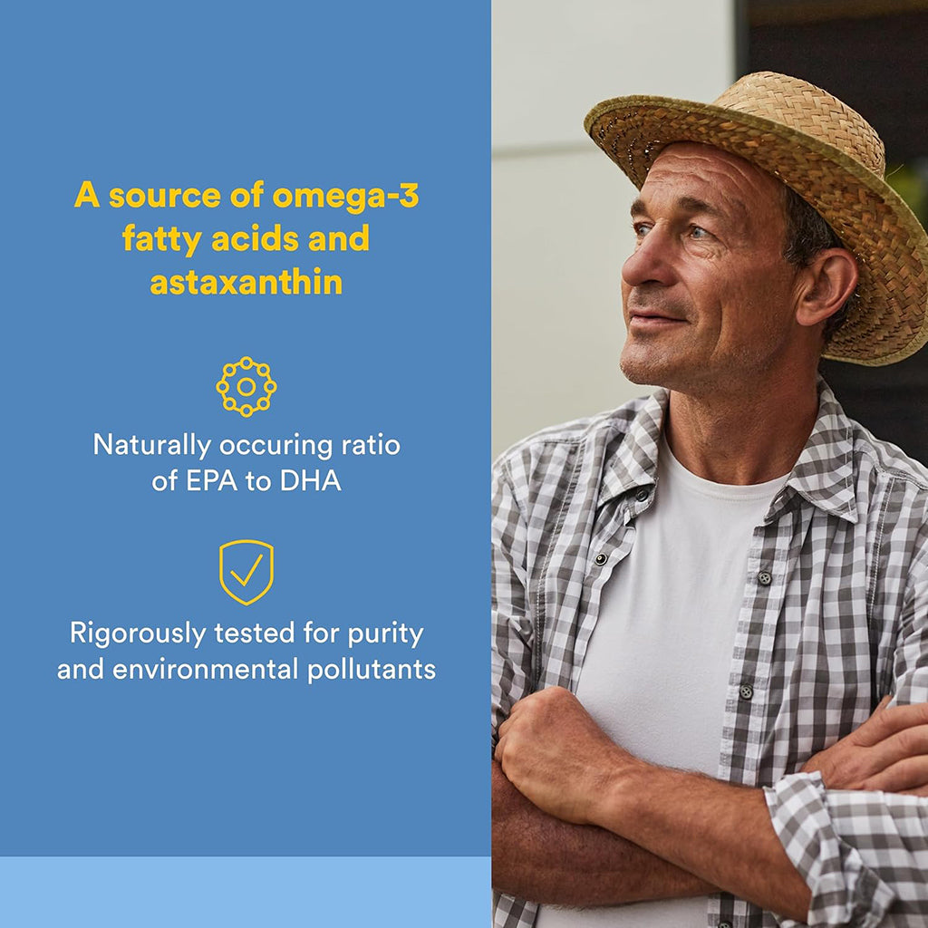 Man wearing a straw hat and plaid shirt with text about omega-3 fatty acids and astaxanthin on a blue background