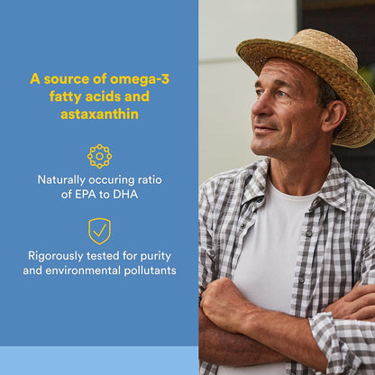 Man wearing a straw hat and plaid shirt with text about omega-3 fatty acids and astaxanthin on a blue background