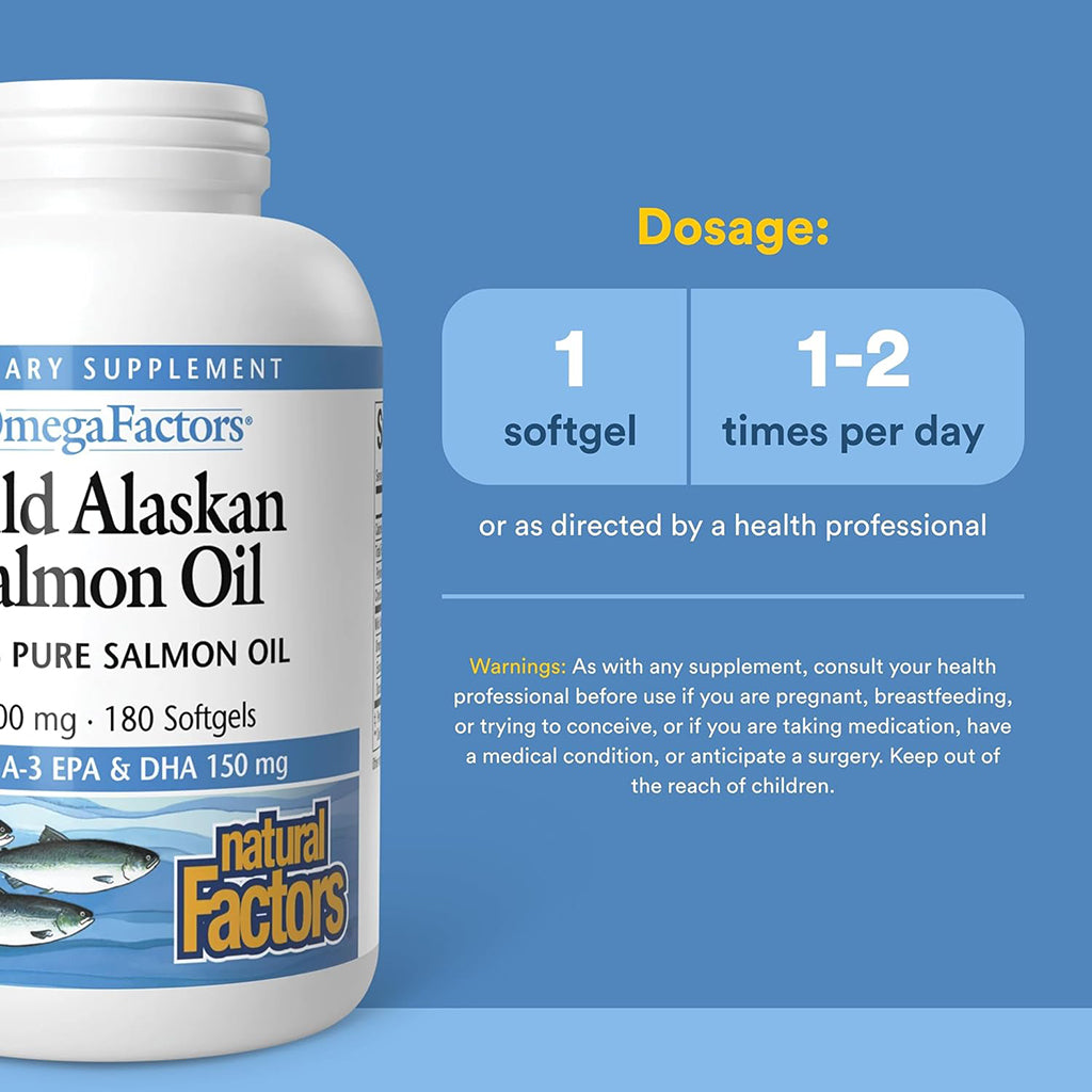 Bottle of Natural Factors Wild Alaskan Salmon Oil with dosage information on a blue background