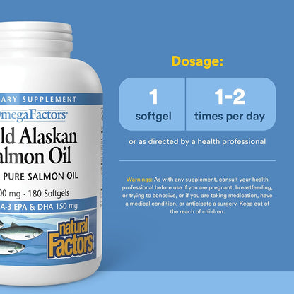 Bottle of Natural Factors Wild Alaskan Salmon Oil with dosage information on a blue background