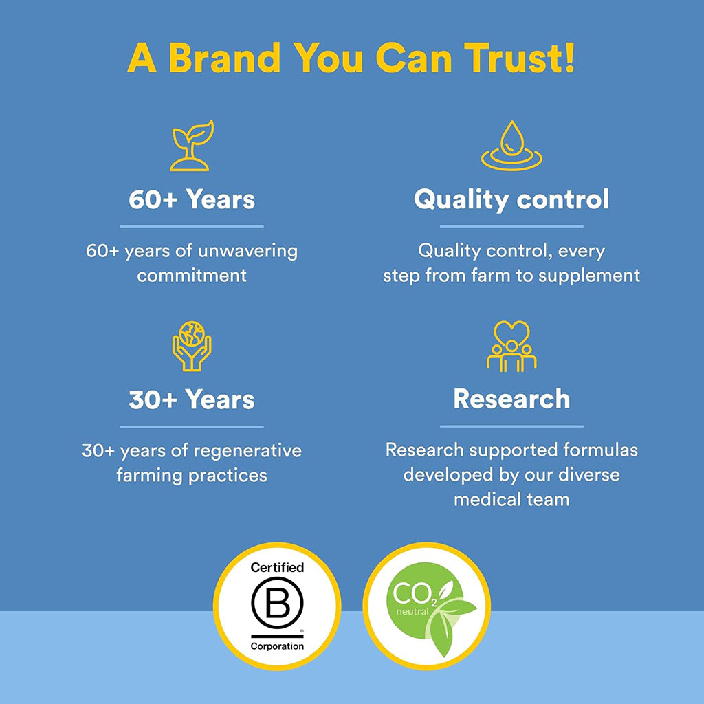 Trustworthy brand claims with icons and text on a blue background