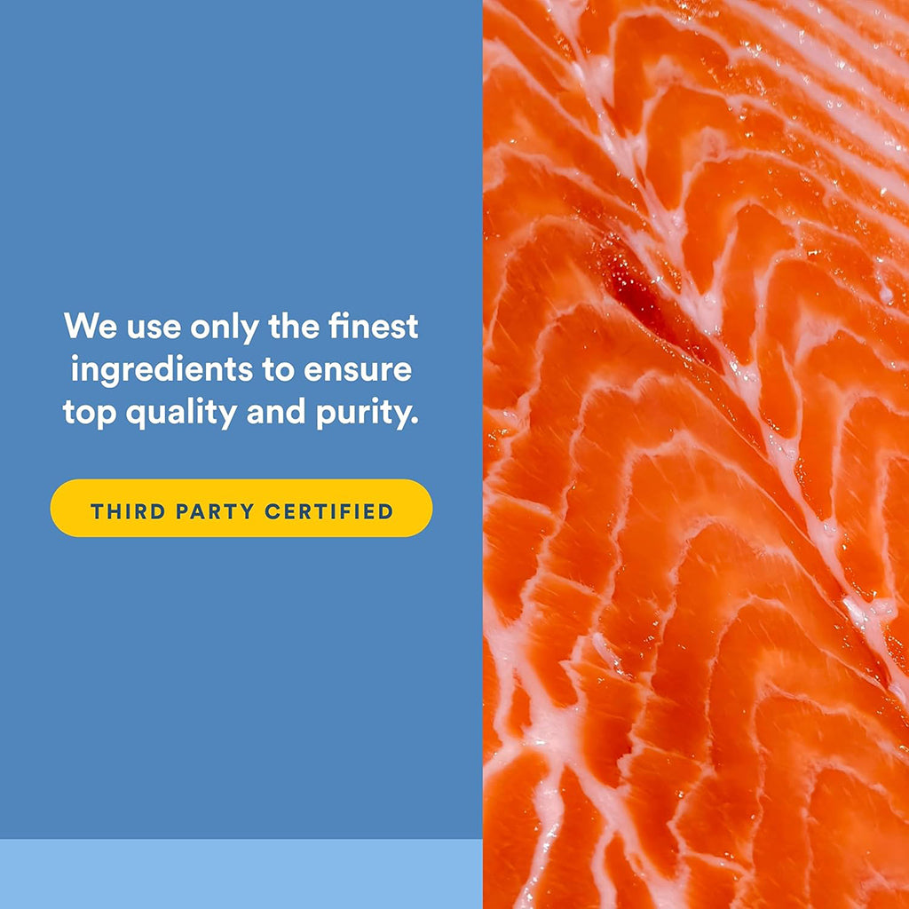 Close-up of salmon with text about quality and purity on a blue background