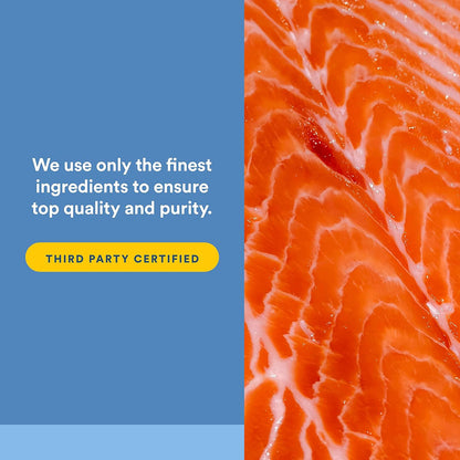Close-up of salmon with text about quality and purity on a blue background