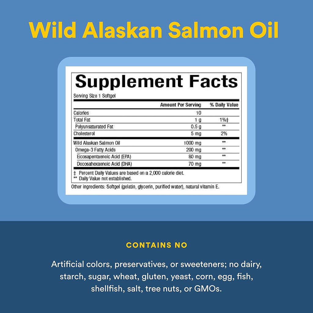 Supplement facts label for Wild Alaskan Salmon Oil on a blue background