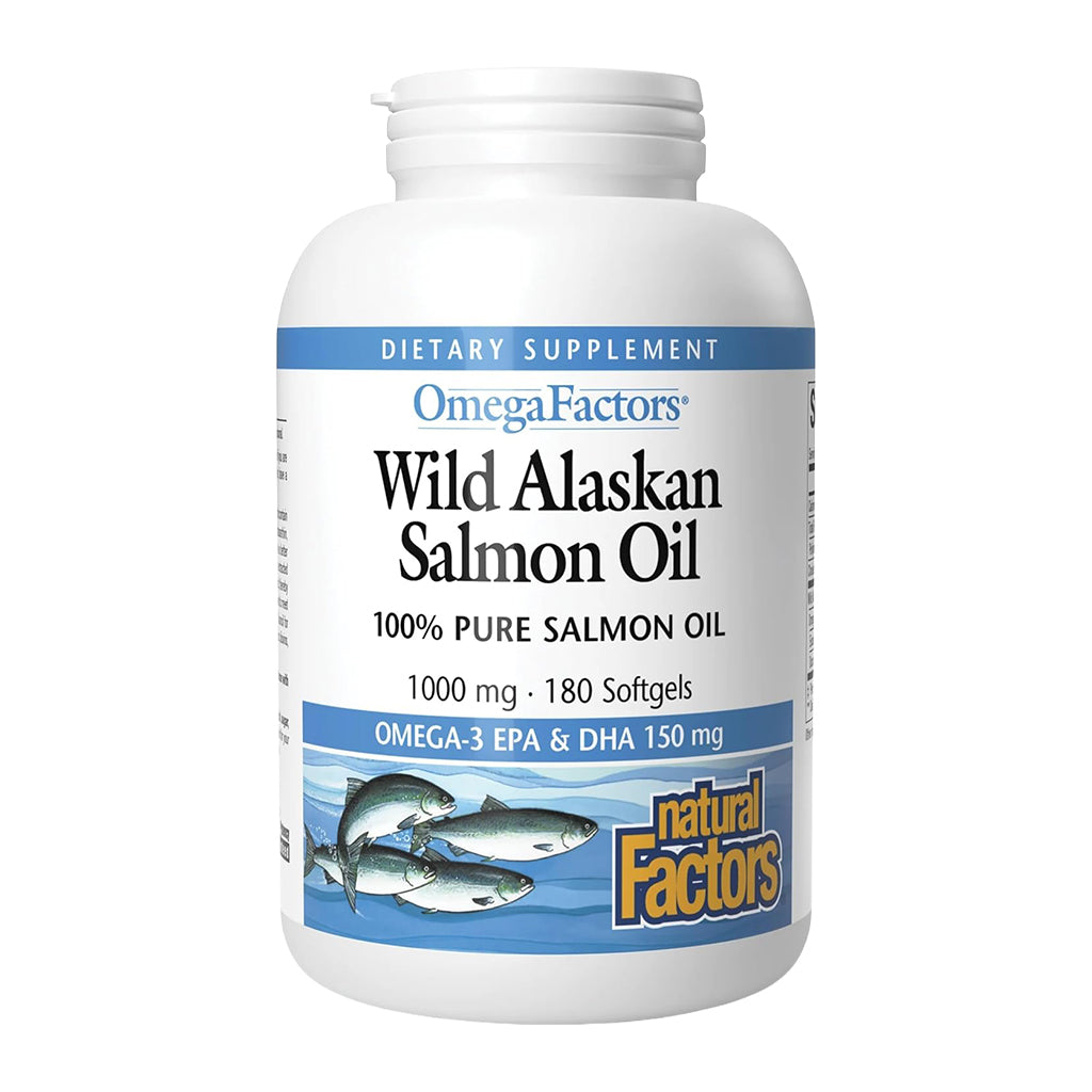 Bottle of Wild Alaskan Salmon Oil supplement on a white background
