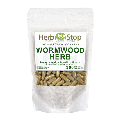 Organic Wormwood Capsules in a bag on a white background