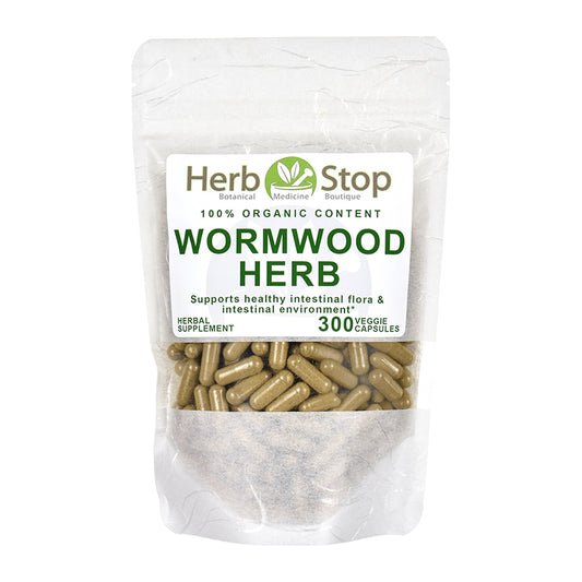 Organic Wormwood Capsules in a bag on a white background