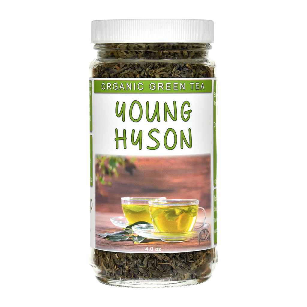 A glass jar of Young Hyson Organic Green Tea with a white cap and a white label featuring green text and an image of tea cups, set against a plain white background.