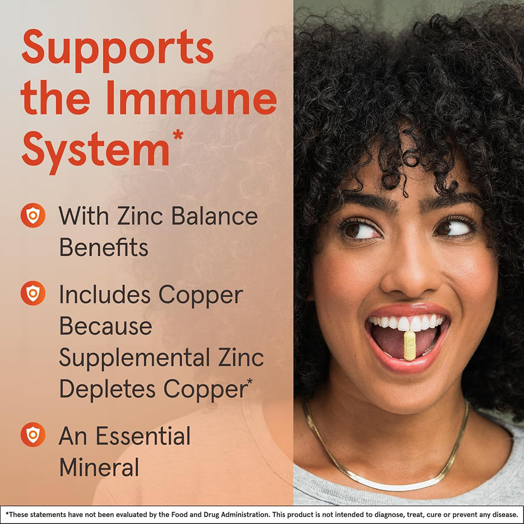 Woman taking a supplement with text about immune system support and mineral balance.