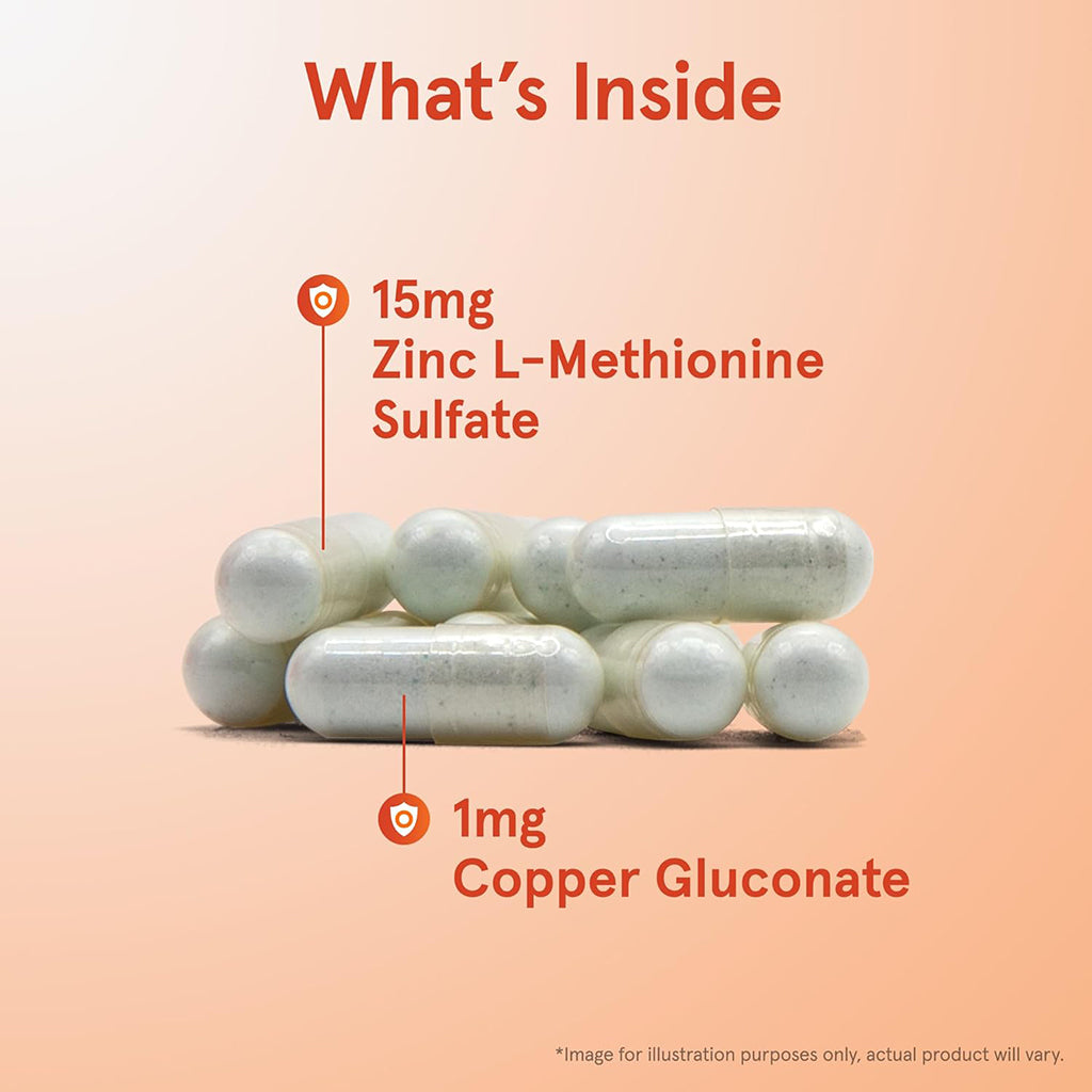 Illustration of zinc and copper supplements with text indicating their contents on a peach background.