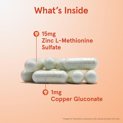 Illustration of zinc and copper supplements with text indicating their contents on a peach background.