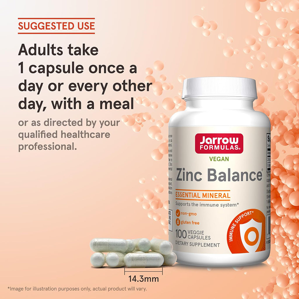 Jarrow Formulas Zinc Balance supplement bottle with capsules on a peach background