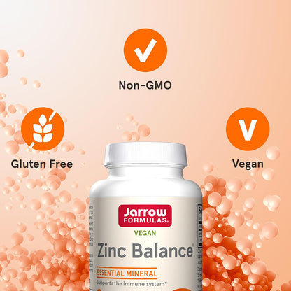 Jarrow Formulas Zinc Balance supplement bottle with certification icons on a peach background