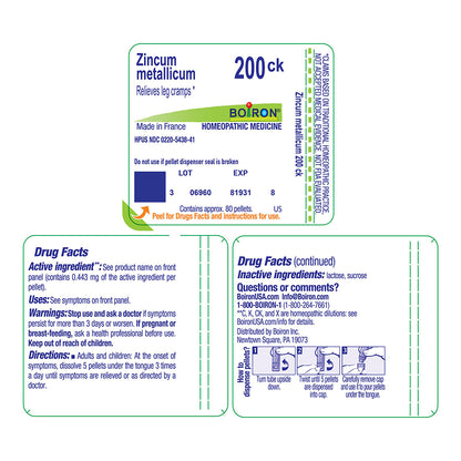 A Boron Zincum metallicum 200ck homeopathic medicine blister card showing product details, facts, and instructions on a white background.